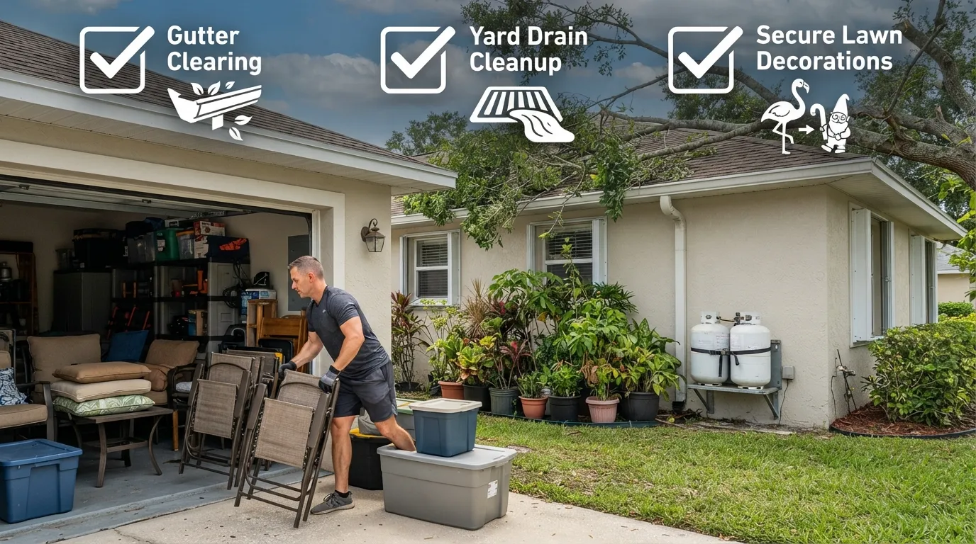 Homeowner securing outdoor patio furniture, potted plants, and loose yard items before a hurricane to prevent windborne projectiles.