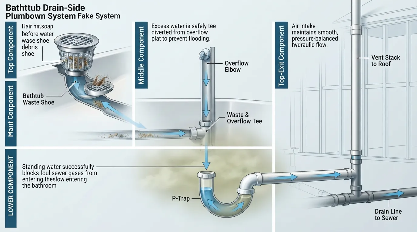 Cross-section diagram of bathtub plumbing showing the drain strainer, overflow pipe, P-trap, and vent stack.