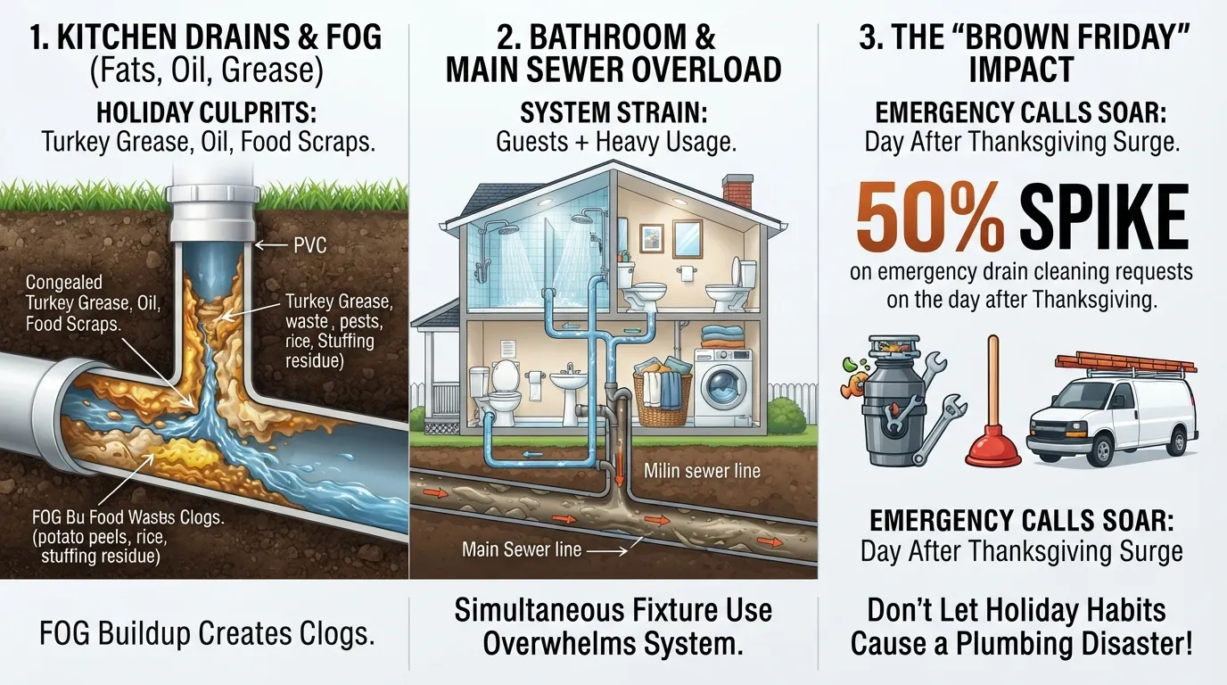 An infographic showing why Brown Friday is the busiest day for plumbers, detailing grease build-up in kitchen pipes and main sewer line overload from holiday guests.