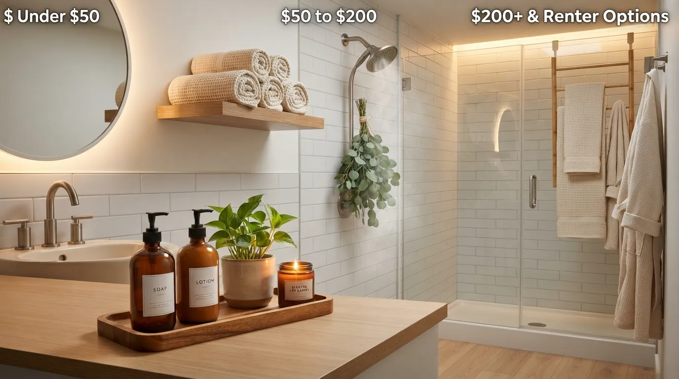 A brightly lit home bathroom transformed into a spa retreat with low-cost accessories, hanging eucalyptus, a low-flow showerhead, and wooden floating shelves.