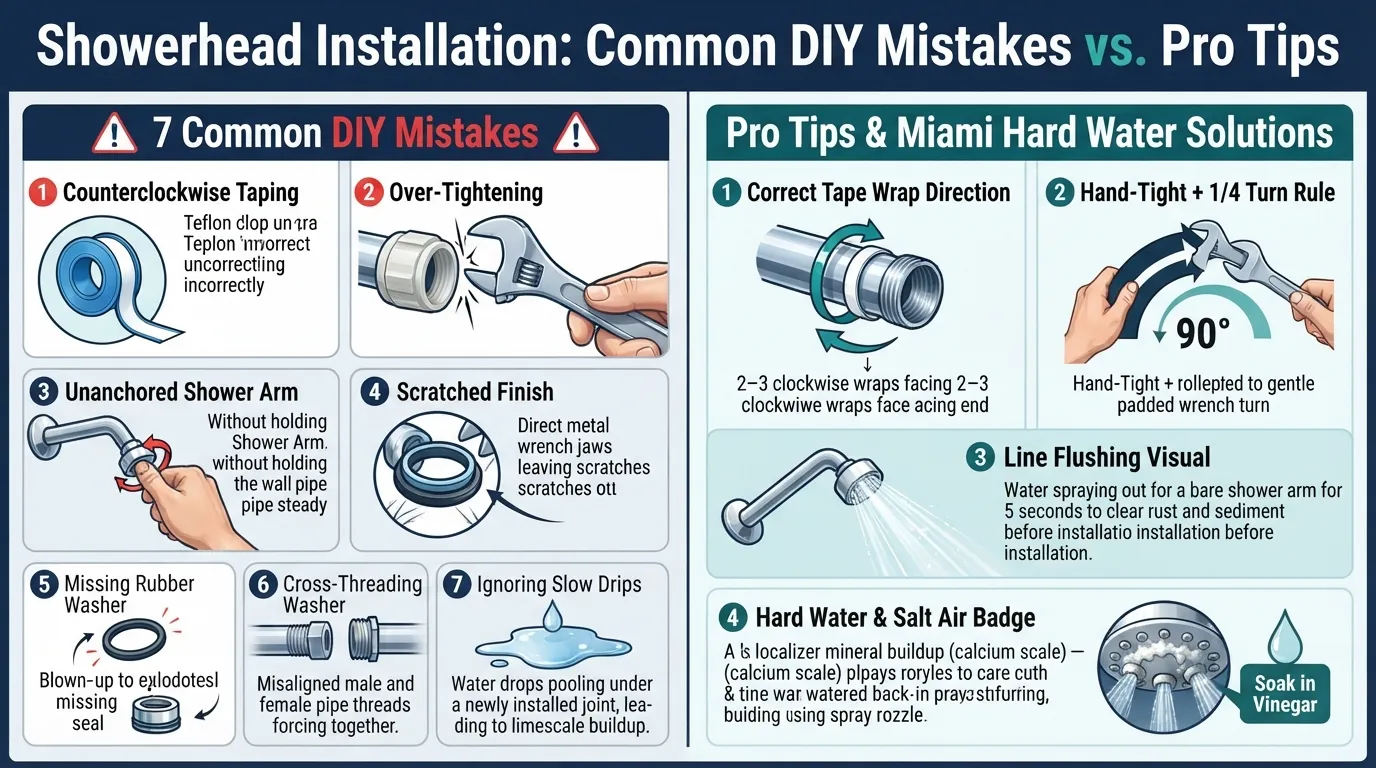 Infographic showing common showerhead installation mistakes like backward tape wrapping alongside pro plumbing tips for a leak-free setup.