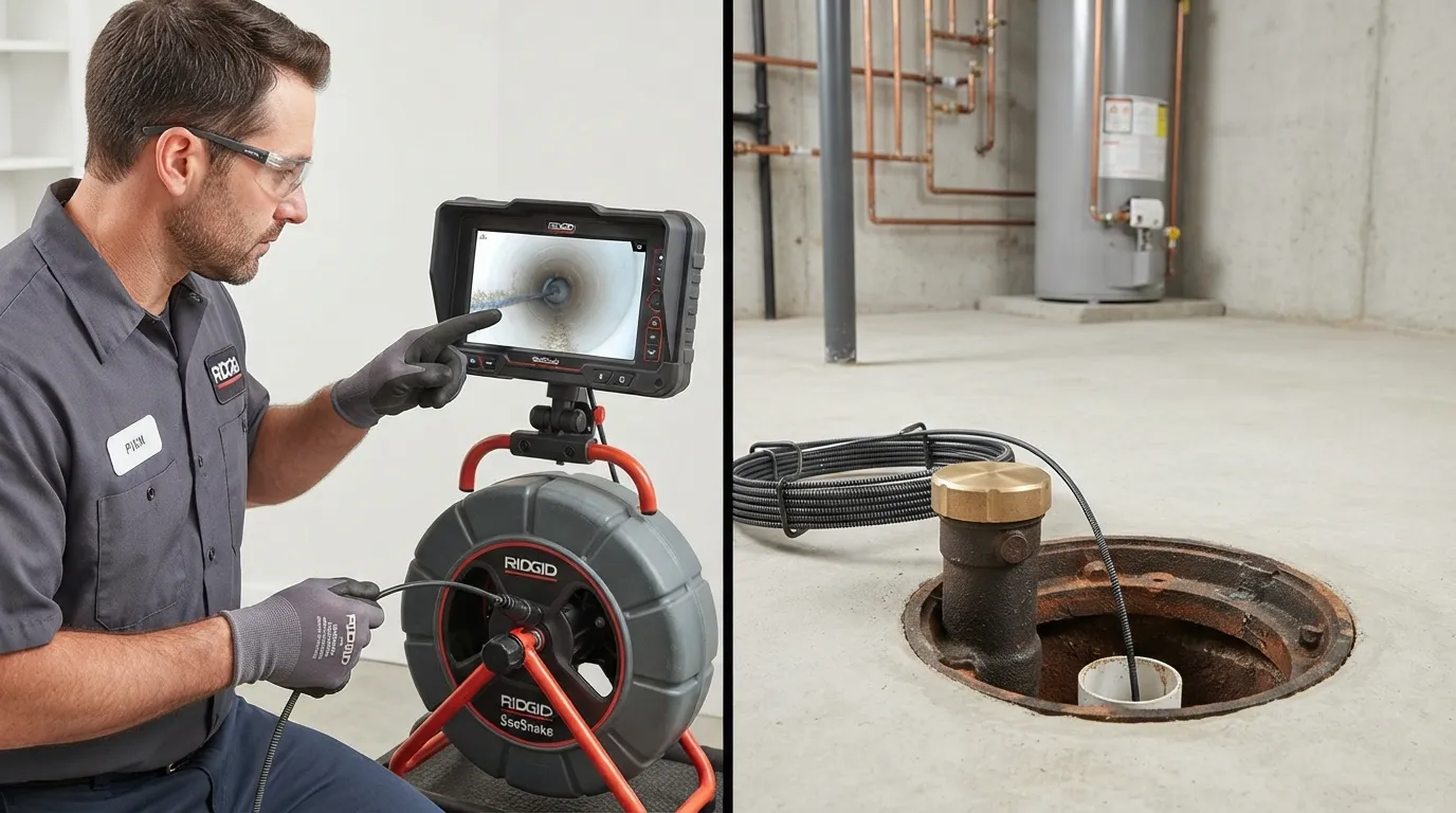 A professional plumber inspecting residential drains and underground sewer lines using specialized diagnostic equipment.