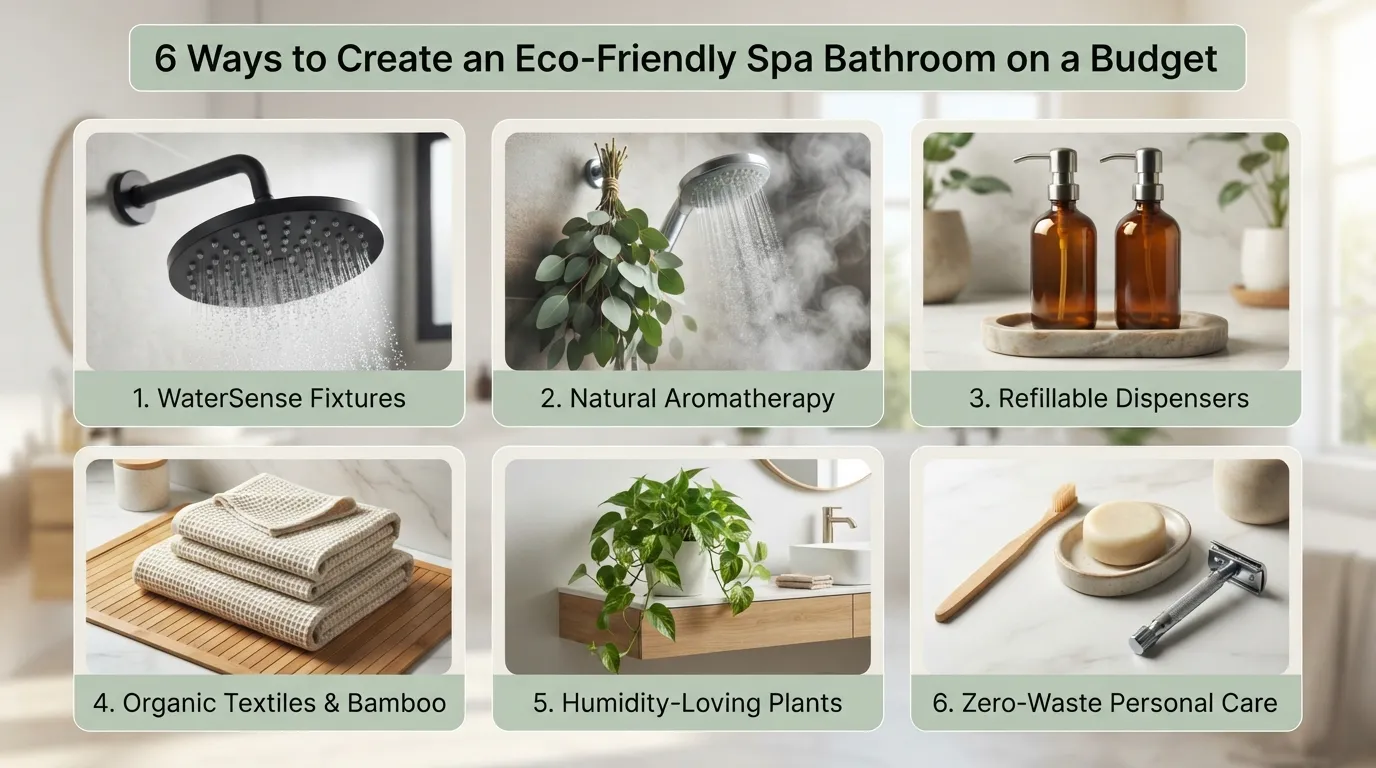 Comprehensive infographic displaying 6 budget-friendly ways to create an eco-friendly spa bathroom with water-saving fixtures, plant-based aromatherapy, refillable glass bottles, sustainable textiles, and zero-waste swaps.