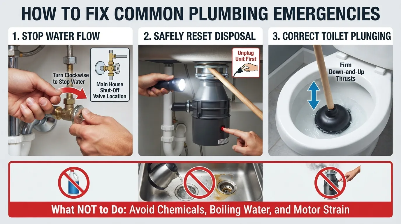 A step-by-step emergency response infographic showing how to shut off water supply, clear a jammed garbage disposal, and plunge a clogged toilet safely.