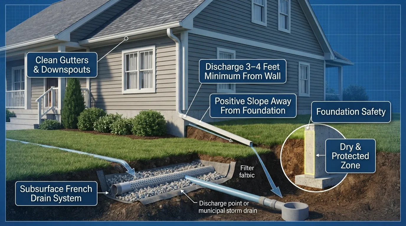 Diagram showing roof gutters, downspout extension 3 to 4 feet away from wall, proper yard grading slope, and French drain diverting water away from house foundation.
