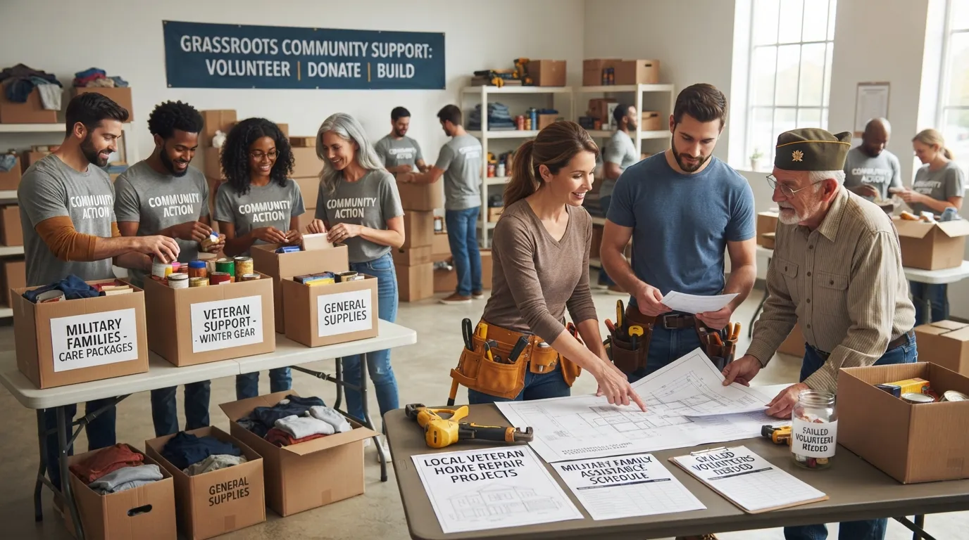 Community volunteers and tradespeople working together to pack and deliver home repair supplies and support military veterans.