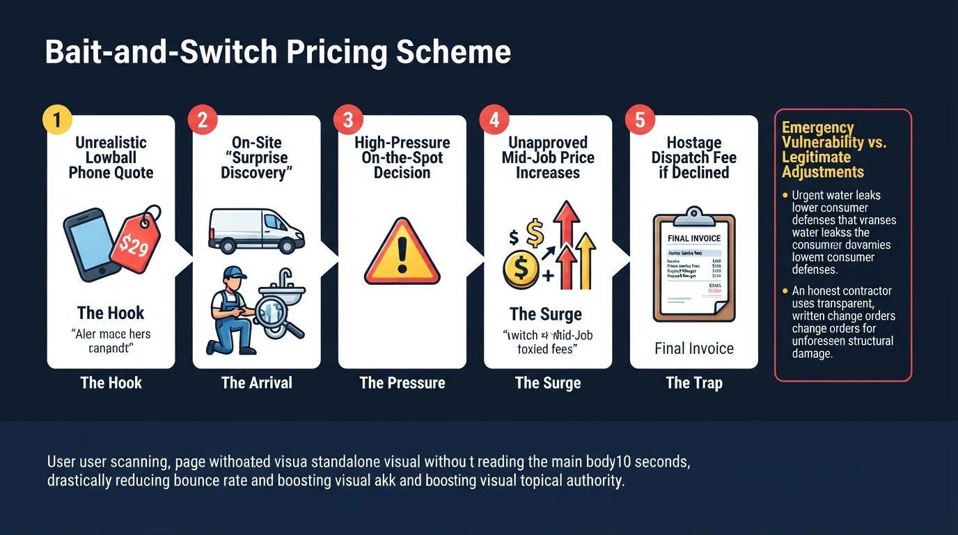 Infographic illustrating the 5 step plumbing bait-and-switch scam, from a $29 phone quote to high-pressure tactics and inflated final emergency fees.