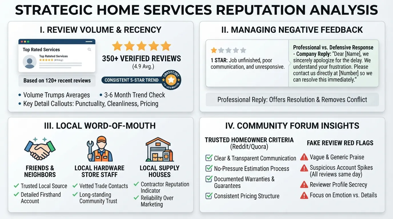 An infographic guide showing how to evaluate a plumber through online reviews, negative response patterns, local hardware store referrals, and community feedback.