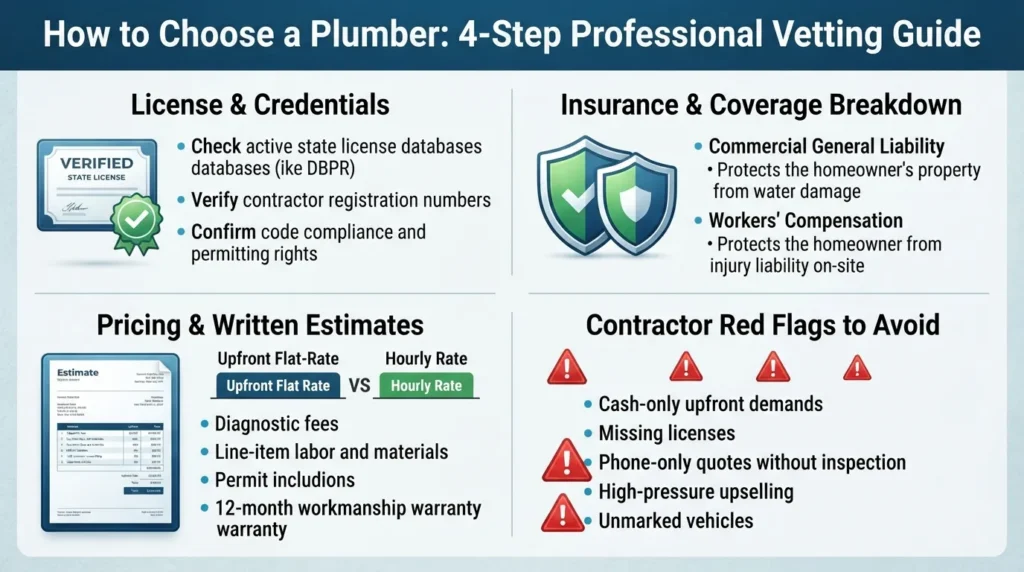 Comprehensive infographic illustrating how to choose a licensed plumber, verify liability insurance, evaluate written estimates, and spot common pricing red flags.