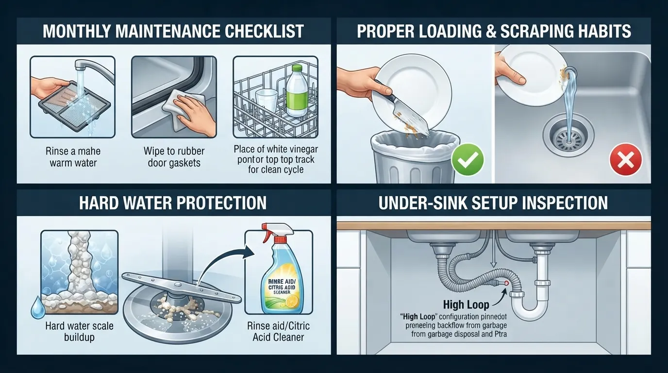 Infographic illustrating a monthly checklist, dishwashing habits, hard water protection, and under-sink hose setup to prevent a clogged dishwasher.