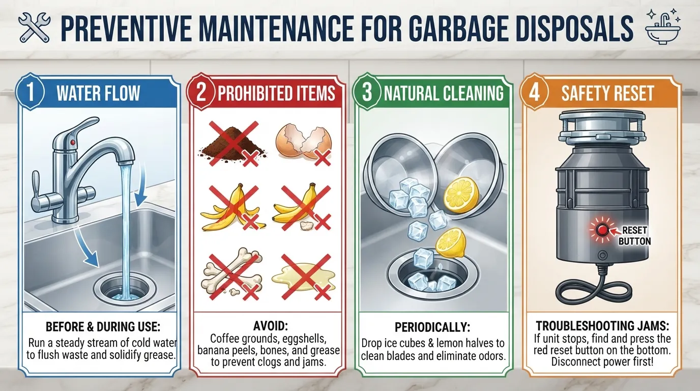 A step-by-step guide showing how to prevent garbage disposal problems by running cold water, avoiding fibrous foods, and using ice cubes.