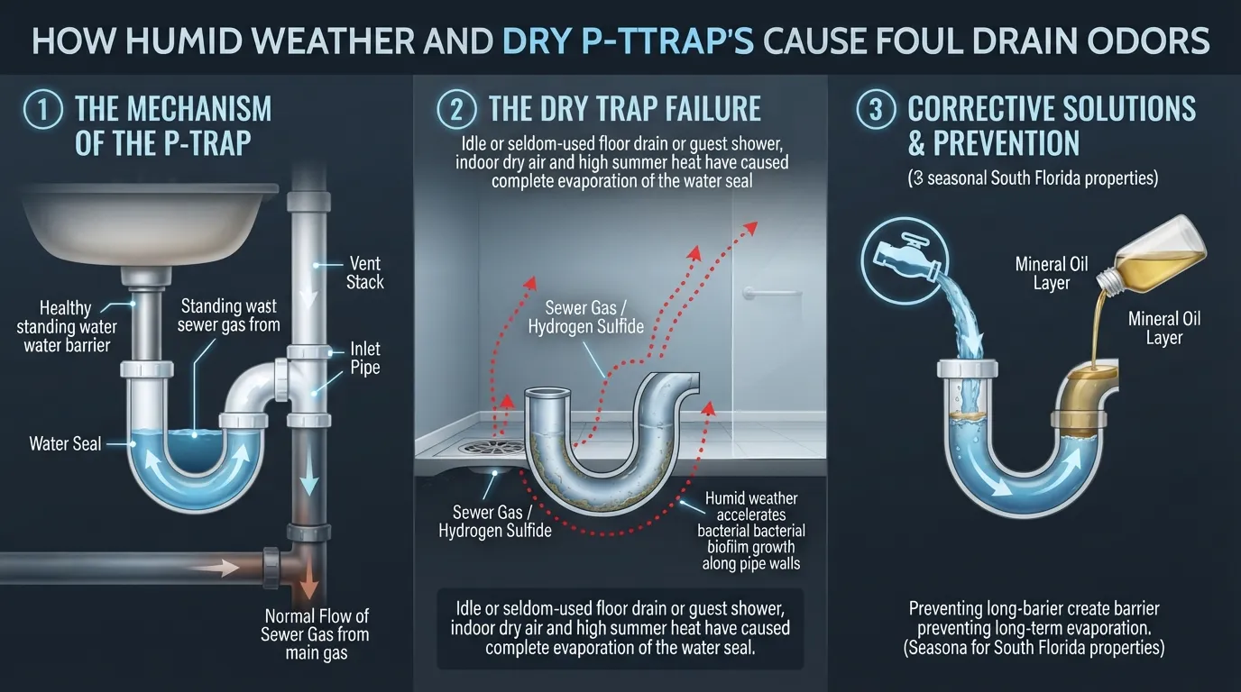 Cross-section diagram of a plumbing P-trap showing an evaporated water seal allowing sewer gases and foul odors to escape into a humid bathroom during summer.