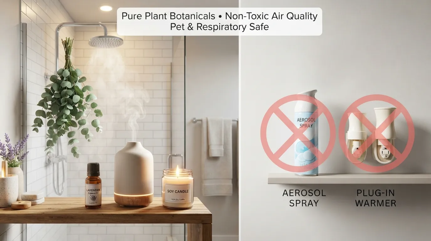 Comparison of natural bathroom aromatherapy setups like fresh eucalyptus shower bundles, essential oil diffusers, and soy candles versus synthetic aerosol sprays.