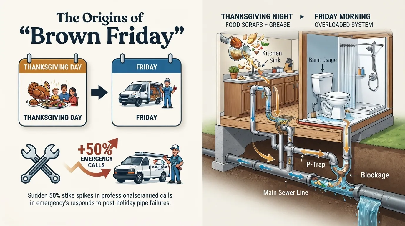 Infographic timeline explaining how the trade nickname Brown Friday originated from post-Thanksgiving main sewer line backups and plumbing emergency spikes.
