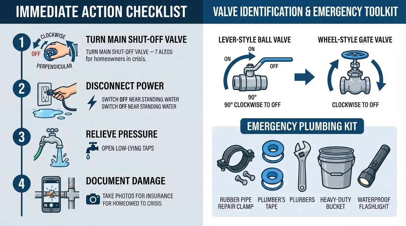 Infographic illustrating emergency outdoor plumbing response steps including shutting off the main water valve, clearing electrical hazards, draining residual water, and calling a plumber.