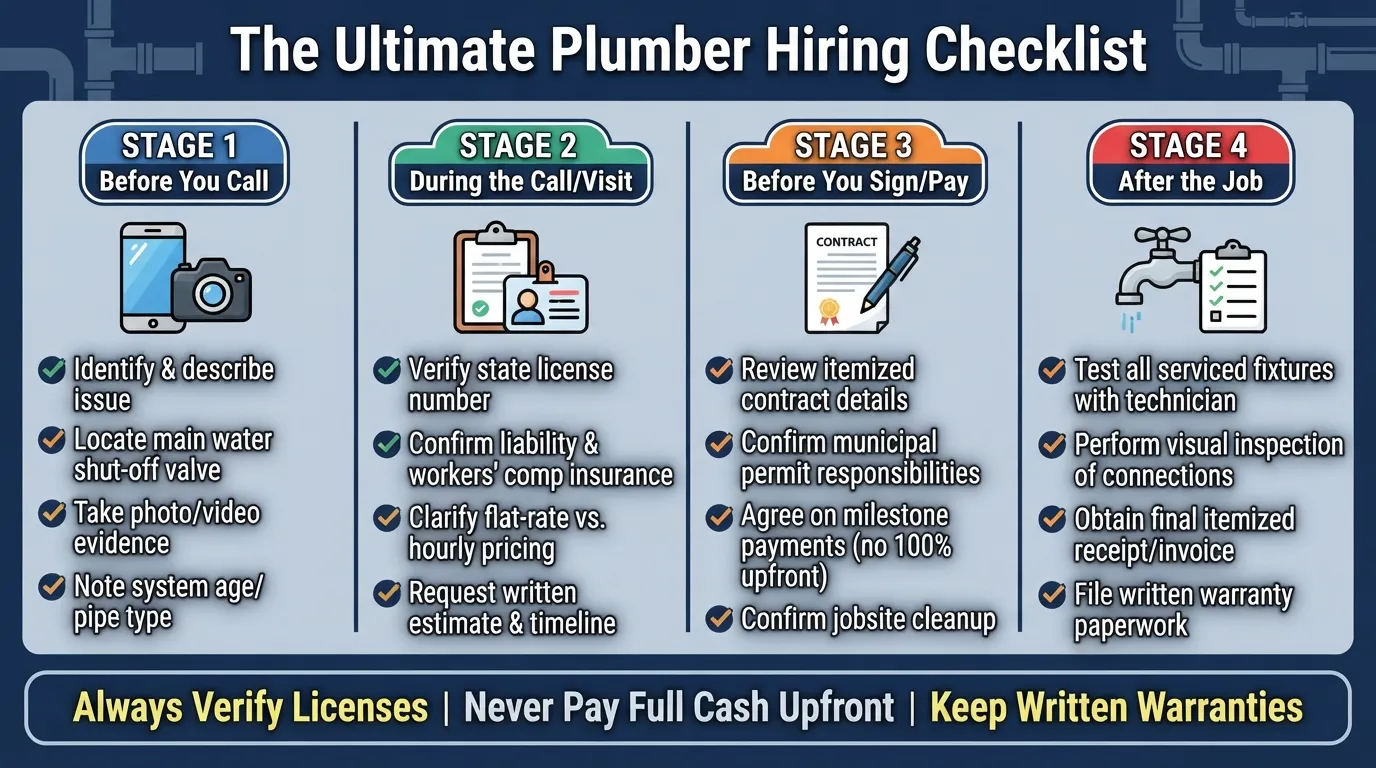 A comprehensive 4-stage plumber hiring checklist infographic outlining steps to take before calling, during the estimate, before signing a contract, and after the job is completed.