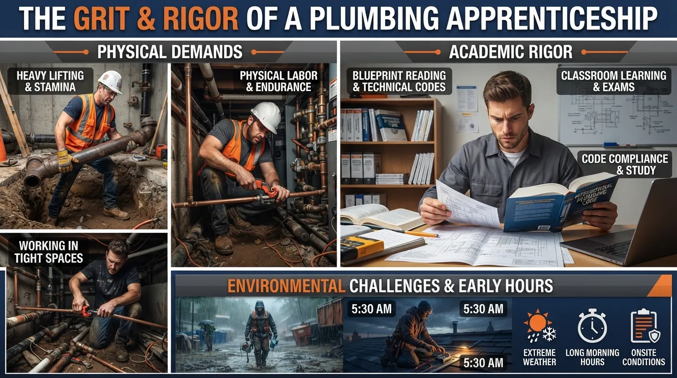 Plumbing apprentice working hard on a job site while balancing technical blueprints and classroom study notes.