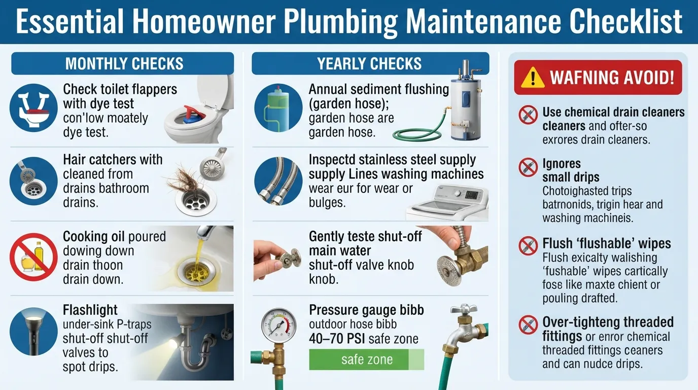 Comprehensive plumbing maintenance checklist showing monthly and yearly residential inspection tasks to prevent leaks and pipe damage.