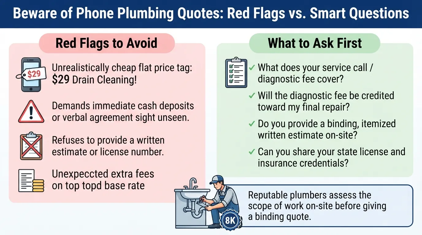 A visual infographic chart detailing major red flags when getting a plumber quote over the phone versus key diagnostic questions to ask before hiring.