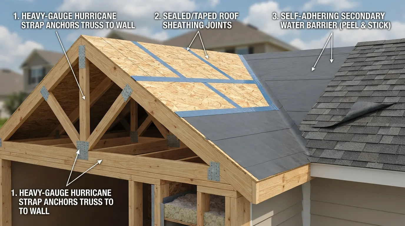 Professional roofer installing hurricane metal straps, roof deck seam sealing, and a secondary water barrier on a residential roof.