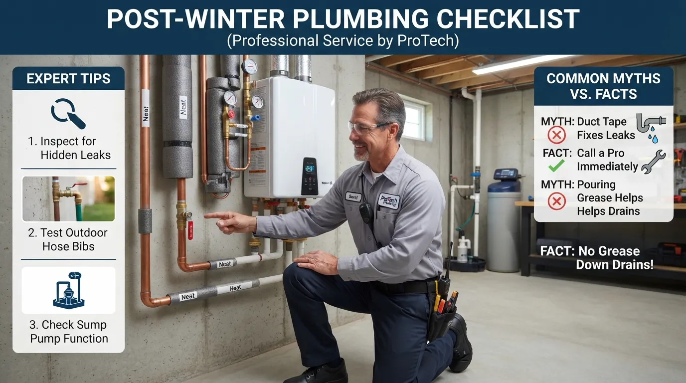 A professional plumber inspecting a residential water heater and pipes in a clean utility room to prevent seasonal spring plumbing damage.