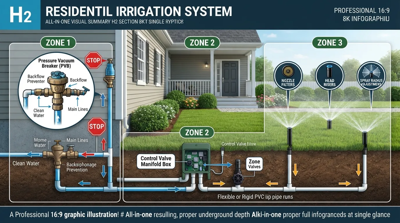 Diagram illustrating an outdoor residential irrigation system showing a backflow preventer assembly, underground irrigation lines, and active sprinkler heads in a lawn.