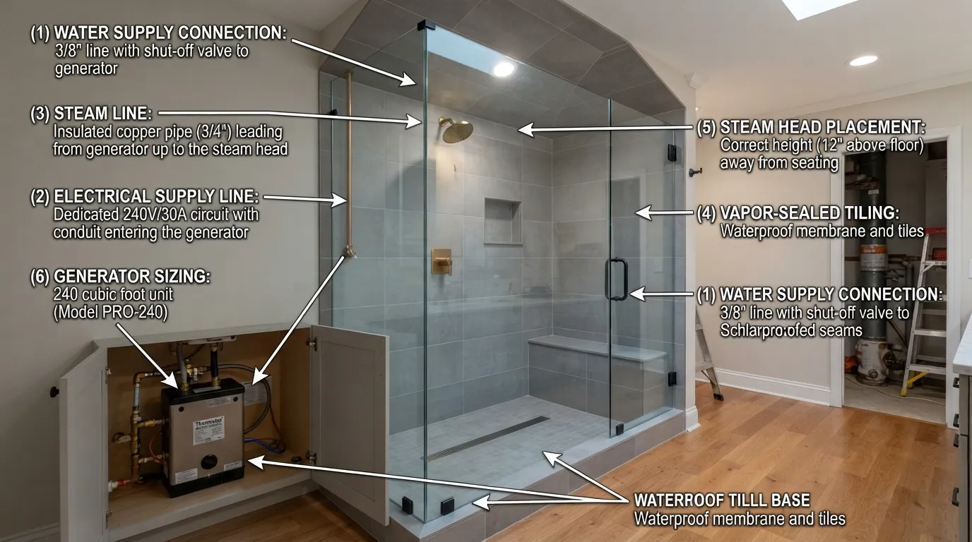 Professional plumbing and waterproofing installation for a modern home steam shower enclosure, showing essential vapor barriers and generator setup.