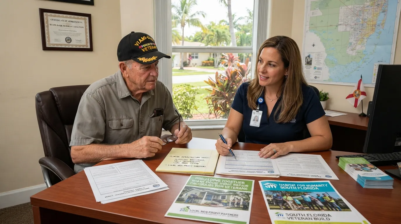 A local veteran reviewing Florida state veteran resource documents and community support office guides in a Miami office.