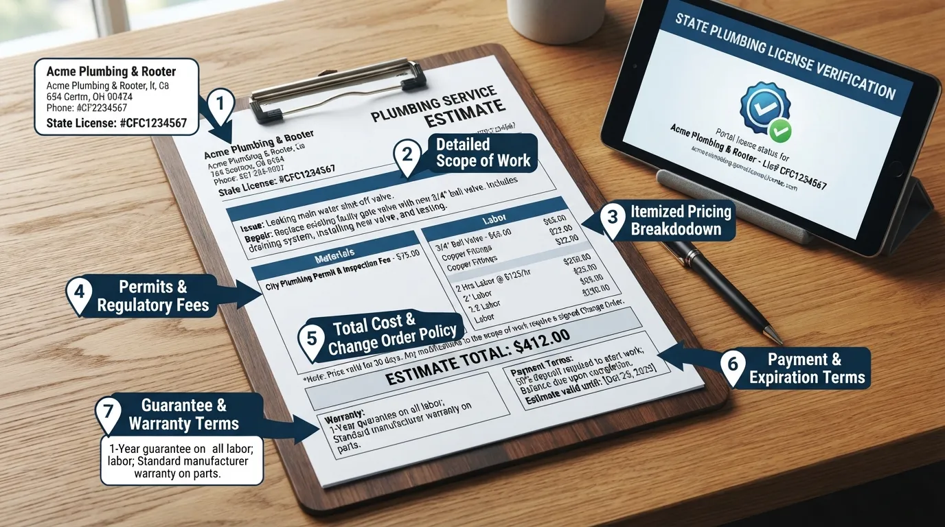 A professional plumber's written estimate checklist displaying key elements like scope of work, itemized labor, material costs, license number, permit details, and warranty terms.