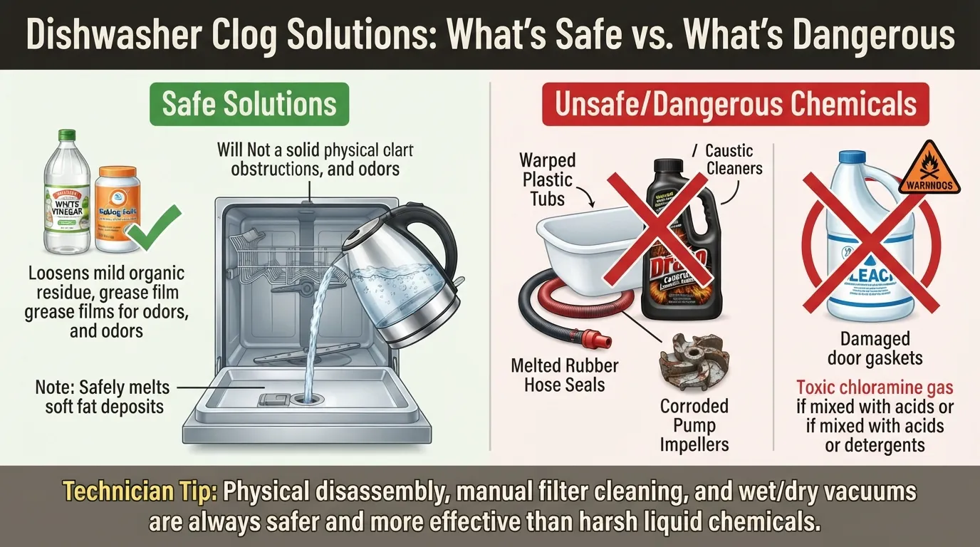 Infographic illustrating safe vs unsafe substances to pour down a clogged dishwasher drain, highlighting natural solutions while warning against chemical cleaners.
