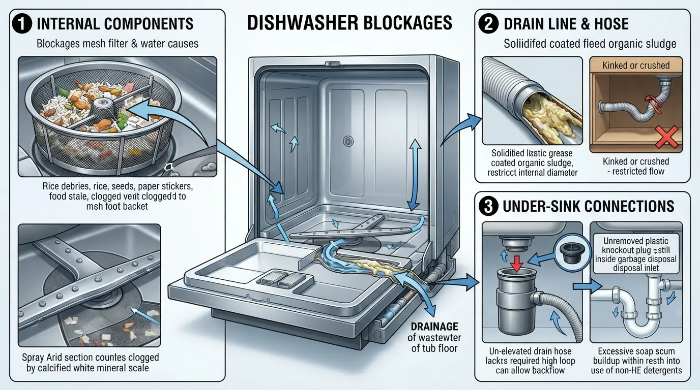 Comprehensive infographic diagram illustrating the common causes of a clogged dishwasher, including food debris, grease buildup, hard water scale, kinked drain hoses, and improper plumbing setup.