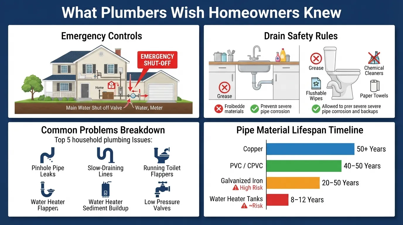 Comprehensive infographic diagram illustrating essential plumbing tips plumbers wish homeowners knew, including main shut-off valve locations, drain safety rules, common plumbing problems, and pipe material lifespans.