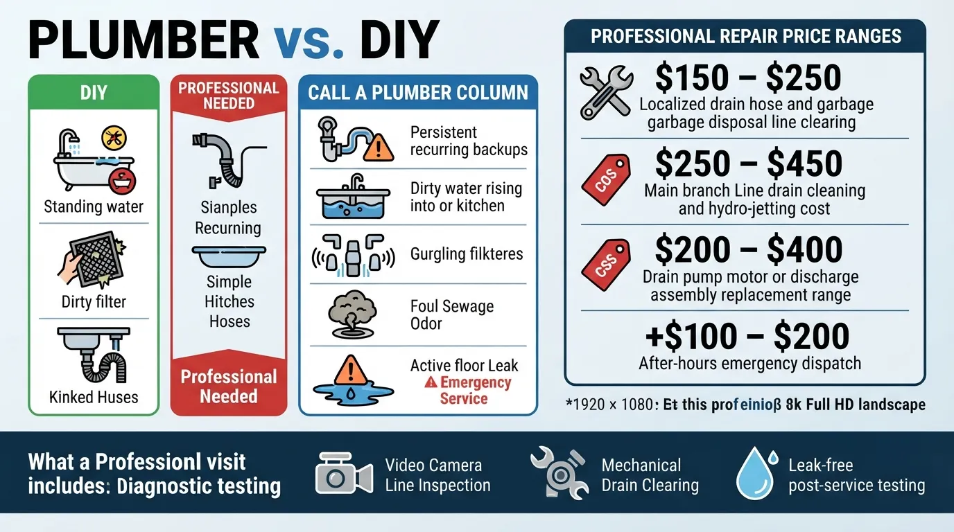Comprehensive decision guide and cost breakdown chart for hiring a professional plumber versus fixing a clogged dishwasher DIY.