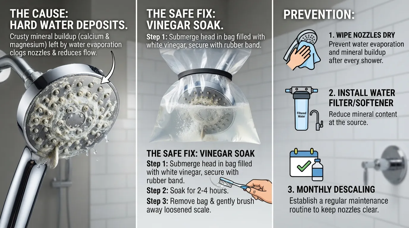 An infographic explaining white limescale buildup on a shower head, showing hard water causes, vinegar cleaning steps, and prevention tips.