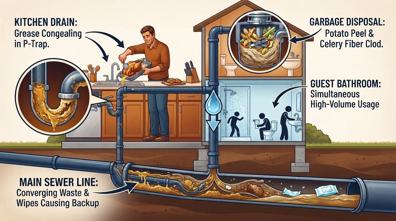 Diagram illustrating key causes of Thanksgiving plumbing overloads including kitchen sink grease accumulation, garbage disposal jams, guest water usage, and toilet clogs.