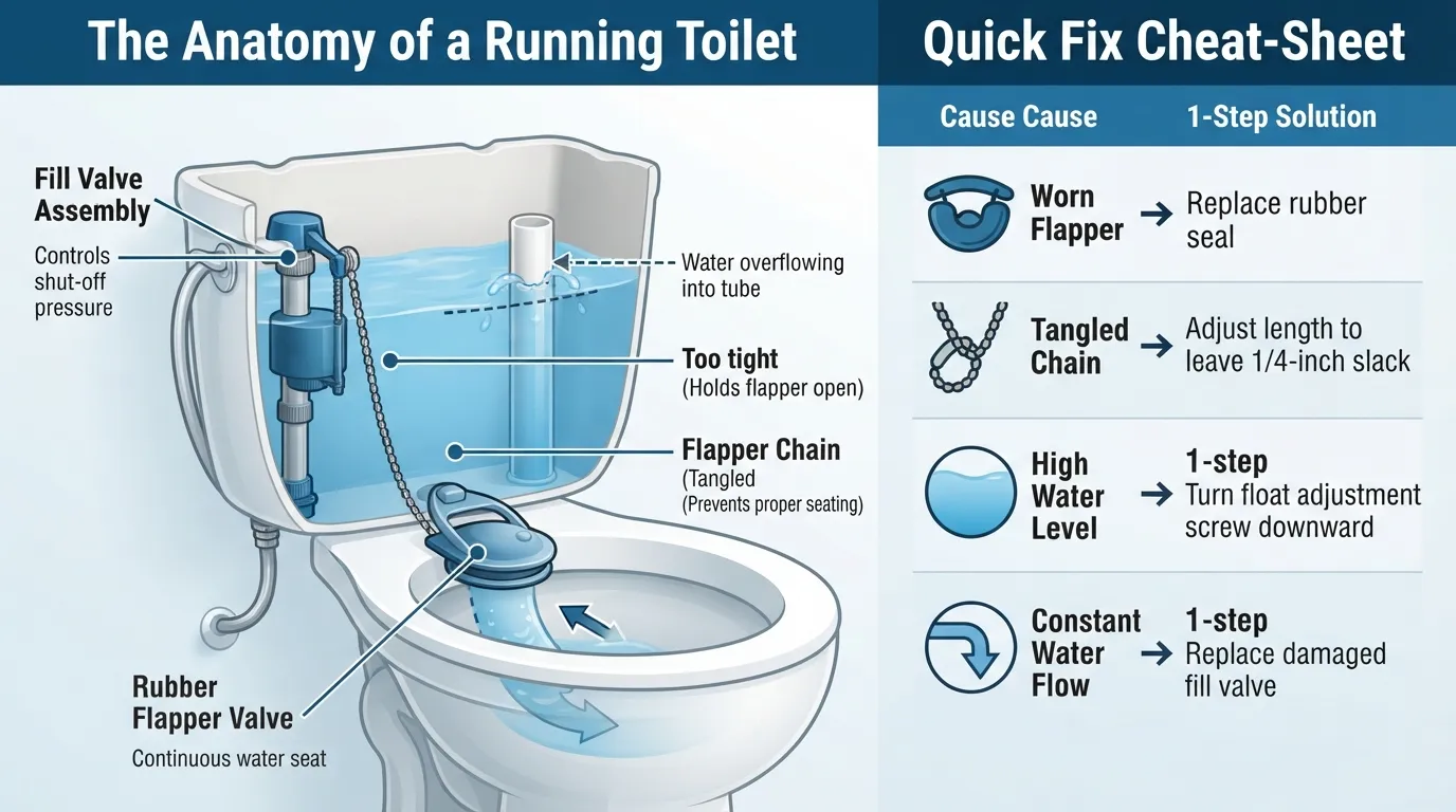 Diagram of a running toilet tank showing the four common causes including a worn flapper, tangled chain, high float level, and faulty fill valve.